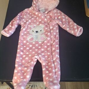 Pink Heart Fleece Baby Footie with Bear Applique